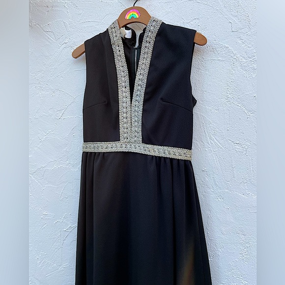 Vintage 60’s Black & Silver Cocktail Hostess Dress / Maxi Dress Empire Waist - Picture 5 of 10